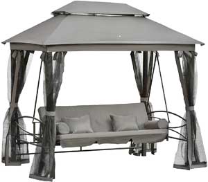 Grey Daybed Swing with Vented Gazebo, Mesh Curtains