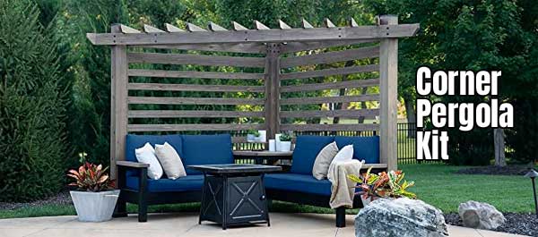 Corner Pergola Kit with Built-in Sofas and Table