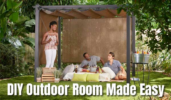 DIY Outdoor Room with a Cheap Aluminum Pergola Kit, Roman Style Canopy and Roller Shades