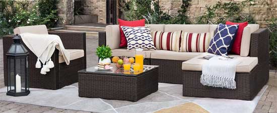 Outdoor Sofa Chair Set with Table Fits Conveniently Underneath Steel Pergola to Create Outdoor Living Room
