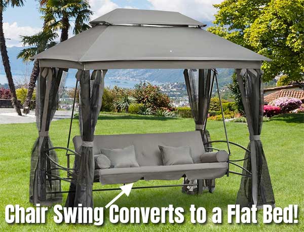 Outsunny Gazebo Swing Bed Converts from an Upright Seat to a Flat Daybed