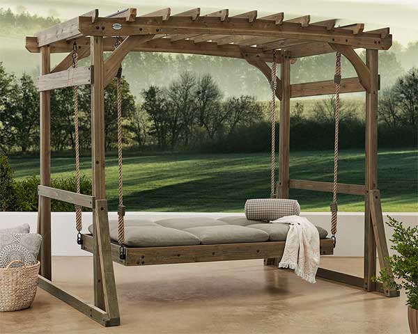 Wooden Pergola with Swing Bed and Cushions