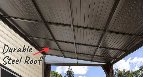 Powder-Coated Steel Roof Panels on Hardtop Gazebo Mounts to Side of House