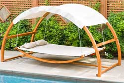 Arched Wooden Swing Bed with Overhead Shade Canopy