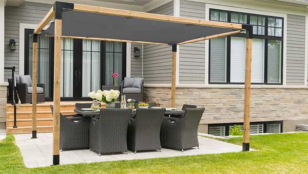 Modern and Contemporary Toja Grid Pergola Wood Frame, Metal Brackets and Fabric Canopy