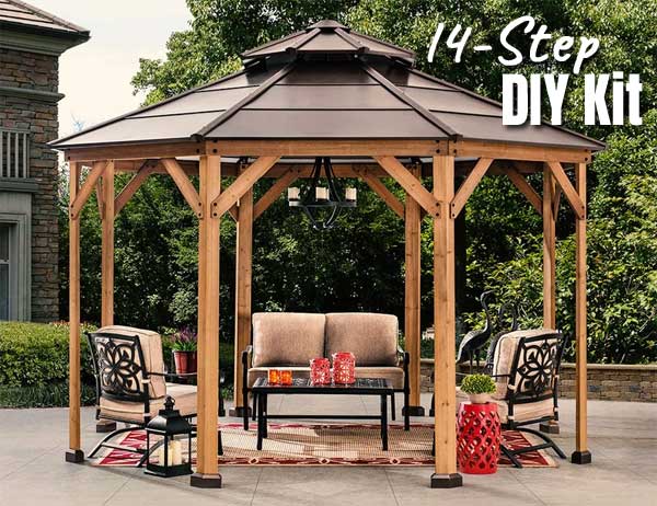 14-Step Wooden Octagon Gazebo Kits with Natural Cedar Wood and Brown Steel Hardtop Roof